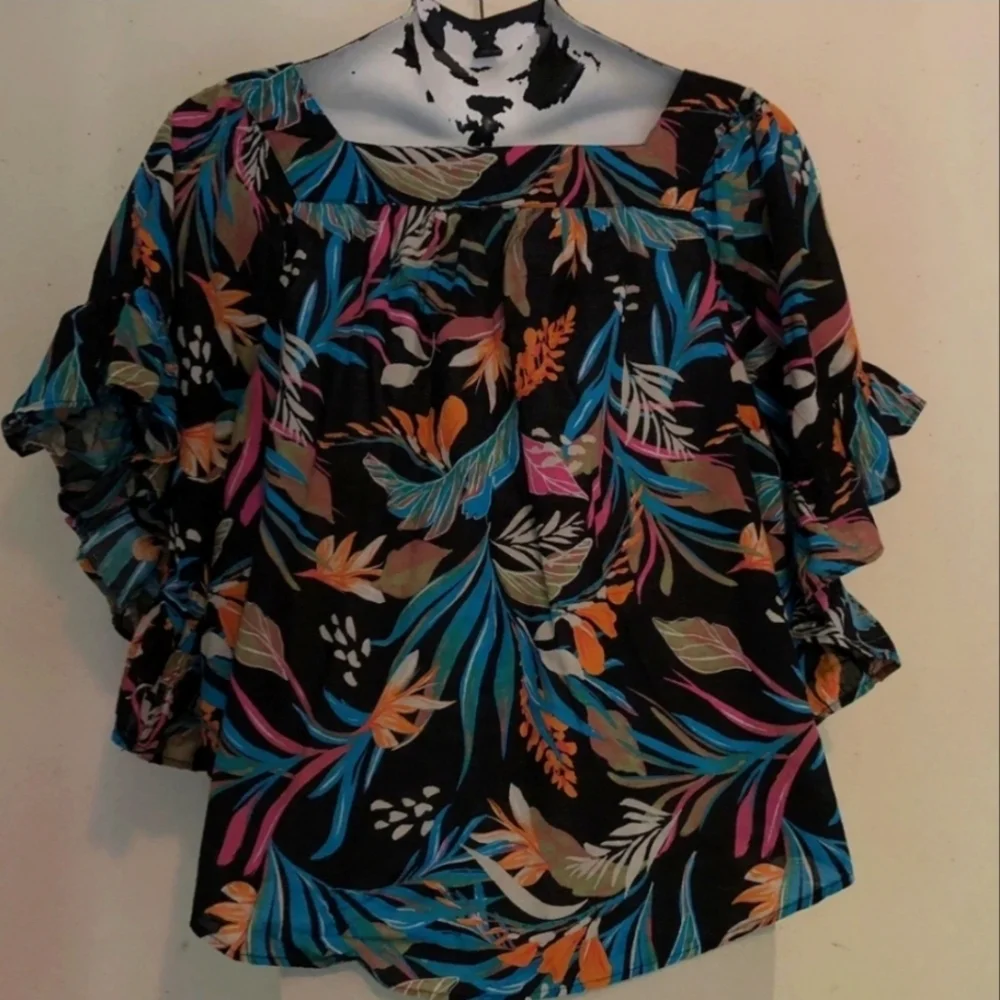 Plus Size Floral Cotton Blouse Square Neck Bell Sleeve Top Artsy Cottagecore NWT